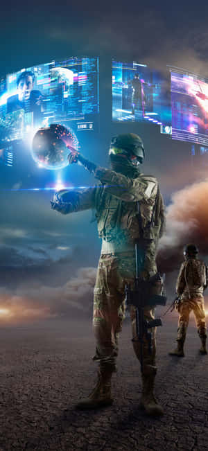 身穿戰鬥裝備的士兵在沙漠中與漂浮的全息顯示器互動於黃昏時分。