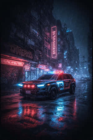 未來風格的警車，閃爍著燈光，在夜晚行駛於雨水浸濕的霓虹街道上。 — 夜晚 GIF 壁紙