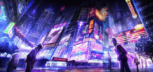 未來主義的城市夜景，有發光的霓虹招牌和人們在潮濕的街道上行走。