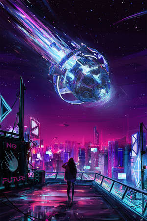 橋上的人觀看霓虹城市和夜間飛行的太空船