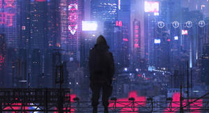 一個人影俯瞰夜晚發光的未來城市的剪影。 — 未來風格動態圖 壁紙