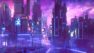 黃昏時分的未來城市，霓虹燈在紫色天空下反射在潮濕的街道上。 — 夜景城市 壁紙