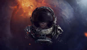 身穿破損太空衣的太空人在熾熱行星附近的太空中漂流。