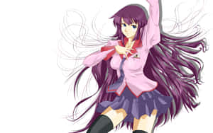 紫髮動漫女學生穿著粉紅色校服動態擺姿勢。