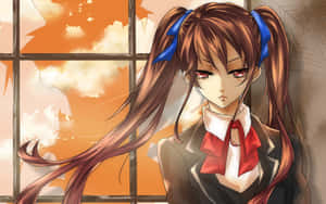 穿著校服、雙馬尾的動漫女孩在夕陽下站在窗邊。 — 黑暗森林 壁紙