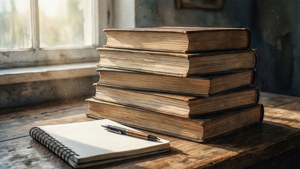 窗邊木桌上的一堆舊書和打開的筆記本及筆