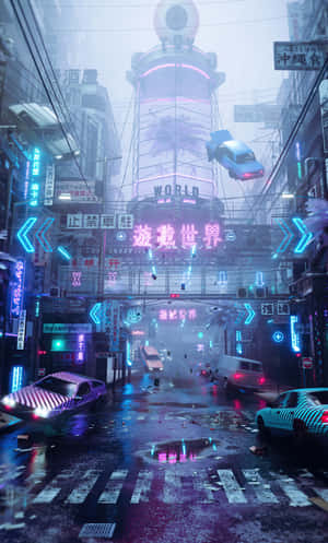 夜晚未來城市街道，霓虹燈招牌和漂浮的汽車在濕漉漉的路面上。