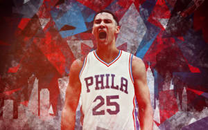 身穿白色 PHILA 25 球衣的籃球運動員在城市景觀背景下尖叫。 — 本傑明·富蘭克林 壁紙