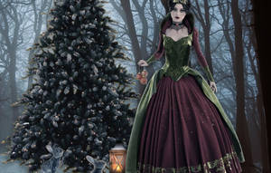 仙女女王穿著節日長袍，在魔法森林中裝飾雪白的聖誕樹。
