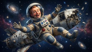 興奮的太空人在受損的太空船附近漂浮，背景是色彩繽紛的星系。