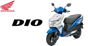 藍白色本田 Dio 電單車，帶有標誌和型號名稱，白色背景。
