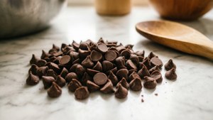 白色雲石枱面上的黑朱古力粒和旁邊的木匙。 — 朱古力 壁紙