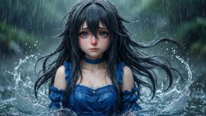 動漫女孩穿著藍色連衣裙站在雨中，頭髮濕透，表情嚴肅。