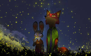 Nick 和 Judy 在魔法森林的夜晚被發光的螢火蟲包圍。