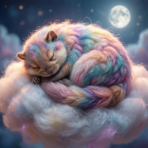 一隻彩虹毛貓咪在滿月下的雲朵上睡覺。