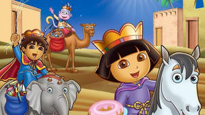 Dora 和朋友們騎著動物在沙漠冒險場景中