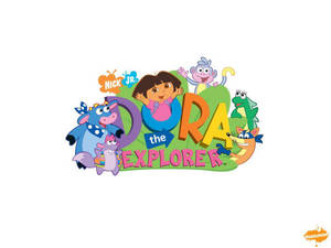 Dora the Explorer卡通標誌，同朋友喺綠色山丘上。