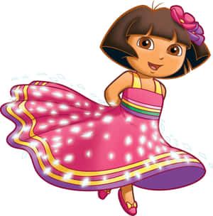 Dora the Explorer 穿著閃閃發光的粉紅色連衣裙，面帶喜悅地旋轉。