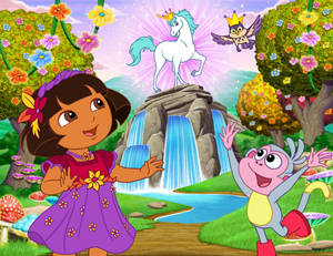 Dora 和 Boots 在魔法森林中與獨角獸和貓頭鷹一起在瀑布附近。