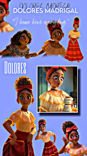 動畫角色 Dolores Madrigal 穿著傳統墨西哥服飾的拼貼畫。 — 卡米洛·馬德里加爾 壁紙