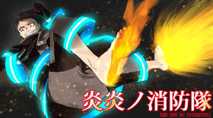 動漫消防員用火焰和發光藍色能量踢擊。