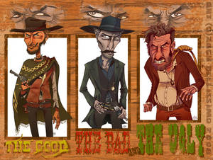 三個插圖牛仔角色，標有 The Good The Bad and The Ugly，上方有憤怒的眼睛。