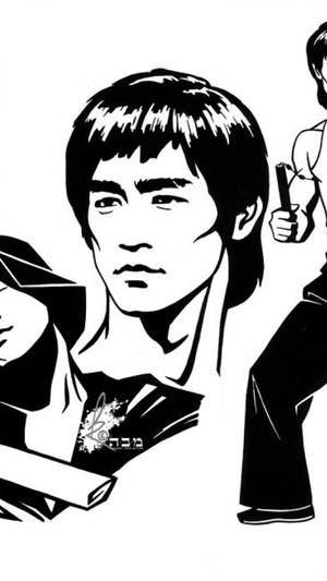 李小龍以武術姿勢呈現，以大膽的黑白線條繪製。