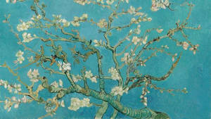 杏仁樹開滿白色花朵，襯托著鮮豔的藍綠色背景，以厚重筆觸繪製。