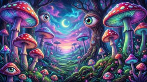 超現實森林，有發光蘑菇和長眼睛嘅樹木，暮色天空。