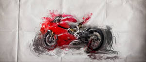 紅色Ducati電單車藝術品，紙上帶有水彩動態效果。