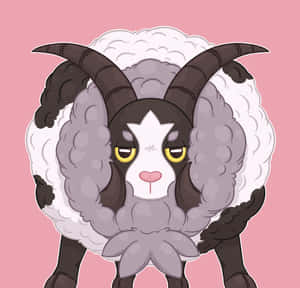 一隻可愛的卡通山羊，有蓬鬆的羊毛和黃色眼睛，在粉紅色背景上。