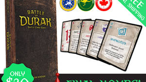 Battle of Durak 卡牌遊戲盒及樣本卡，附有促銷銷售文字。