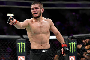 UFC戰士在八角籠內舉起拳頭慶祝勝利。