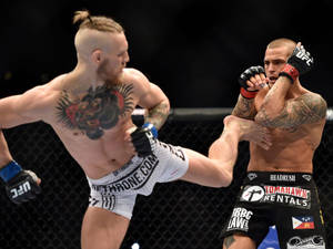 兩名戴著MMA手套的男性拳手在八角籠內交換高踢和阻擋。