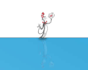 戴帽子的貓手持一個內有魚的魚缸，在藍色水中倒映。 — 插畫 壁紙
