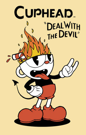 Cuphead 卡通角色頭上有火焰做出和平手勢