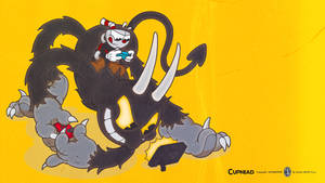 Cuphead 在卡通遊戲場景中騎著一隻巨大的野豬怪物。