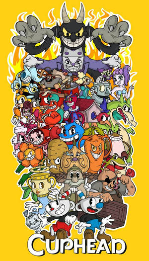 Cuphead 和他色彩繽紛的遊戲角色陣容，以動態卡通插圖呈現。