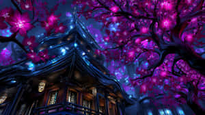 在星空下，被紫色櫻花環繞的發光寶塔。 — 樹 壁紙