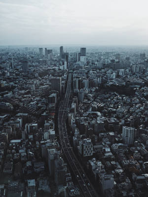 從高空俯瞰一個密集的城市，有一條主要高速公路和高樓大廈，天空灰濛濛。