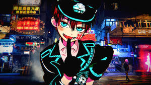 動漫角色身穿發光制服，喺霓虹城市夜晚眨眼並將手指放到嘴唇上。