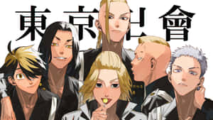 六個穿著黑白制服嘅動漫角色，後面有日文字。 — 日本武士 壁紙