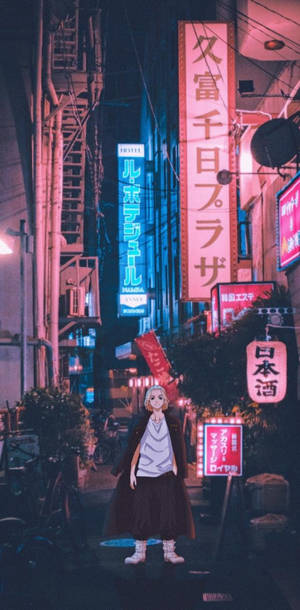 動漫角色在霓虹燈照亮的小巷中，夜晚與發光招牌相伴。