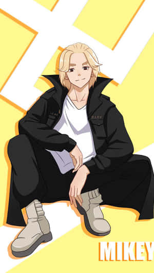 動漫角色Mikey穿著黑色服裝坐在黃色幾何背景前。 — Mikey 東京復仇者 GIF 壁紙