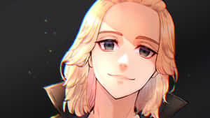 金髮藍眼的動漫女孩在黑暗星空背景中溫柔地微笑。