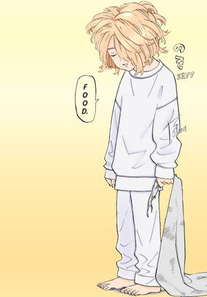 動漫男孩穿著睡衣拿著毯子，對話框說「食物。」 — Mikey 東京復仇者 GIF 壁紙