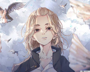 金髮動漫女孩和鳥兒在陰雲密佈的天空中飛翔。