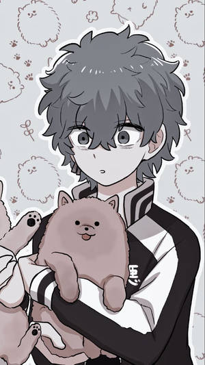 動漫男孩抱著毛茸茸的棕色小狗，背景有爪印圖案