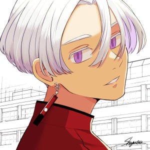 擁有銀色頭髮和紫色眼睛的動漫男孩，在草圖背景中穿著紅色外套。