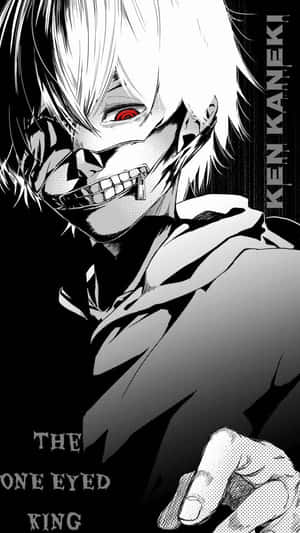 動漫角色金木研（Ken Kaneki）擁有白髮、紅眼和縫合嘴巴，標記為「The One Eyed King」。